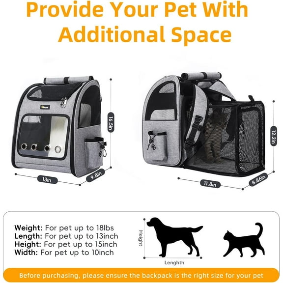Expandable Pet Backpack Carrier for Cats & Dogs - Breathable Travel Bag with Mesh Ventilation, Light Grey
