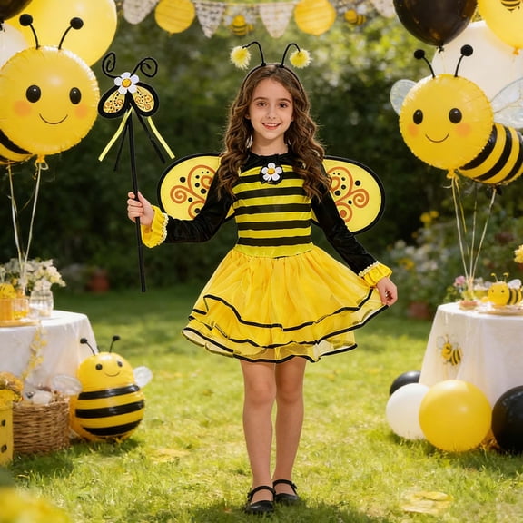 MNCEKFOD Girls Dress Bee Themed Tutu Dress With Matching Wing Performance Suit Lovely Insect Theme Full Set Outfit For Festival Stage Show Girl Flowy Dress Yellow