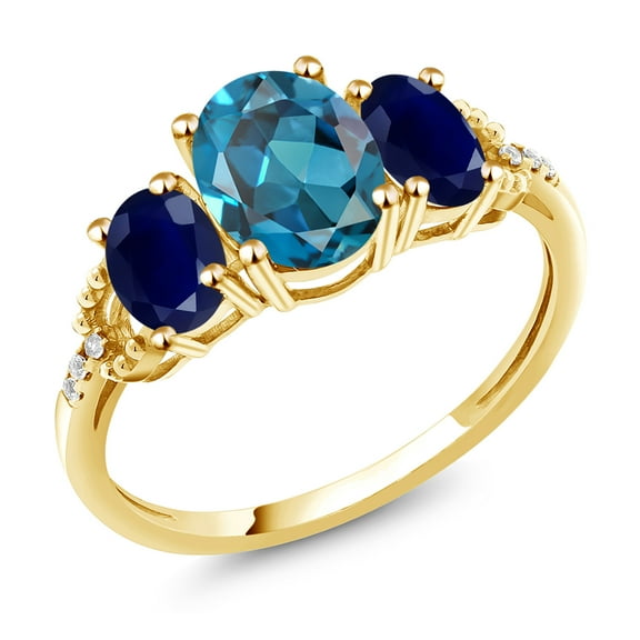 Gem Stone King 10K Yellow Gold Oval London Blue Topaz Blue Sapphire and Diamond 3-Stone Engagement Ring for Women | 2.64 Cttw | Three Stone Wedding Anniversary Promise Ring for Women (Size 7)