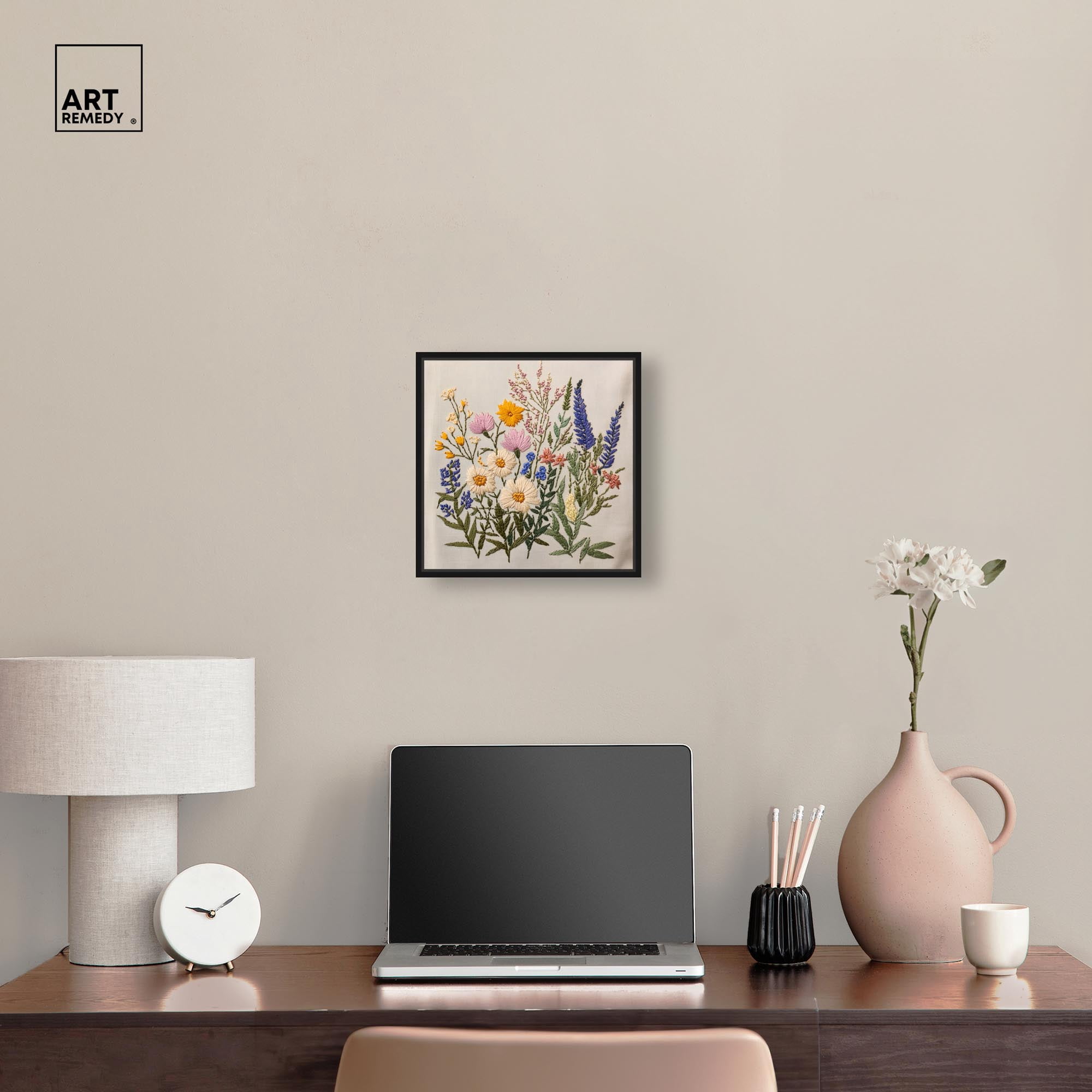 Needlepoint Prairie Posy Canvas Floral Prints by Art Remedy, Black Frame, 12 x 12