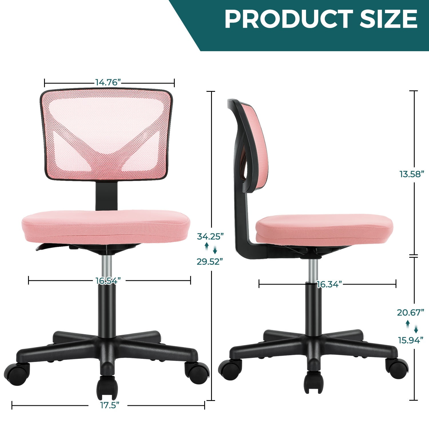 edx Home Office Desk Chair, Armless Mesh Computer Chair Small Space Swivel Adjustable Low Back Task Chair for Teens/Adults, Pink