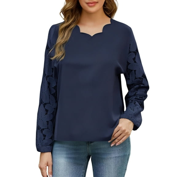 Lenpel Women's Floral Lace Long Sleeve Shirts Scalloped V Neck Hollow out Dressy Casual Tops Loose Party Blouses(Navy,X-Large)
