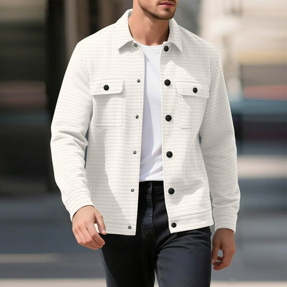 PiGOGI Mens Casual Shirt Jacket Button Down Waffle Jacket Long Sleeve Sweater Jackets Quilted Shacket Overshirt White XL