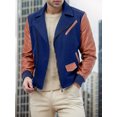 thumbnail image 4 of FOCUSNORM Men's Zip Up Patchwork Jacket Woolen Leather Long Sleeve Contrast Color Lapel Neck Casual Coat, 4 of 7