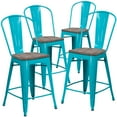 thumbnail image 2 of BizChair 4 Pk. 24" High Crystal Teal-Blue Metal Counter Height Stool with Back and Wood Seat, 2 of 7