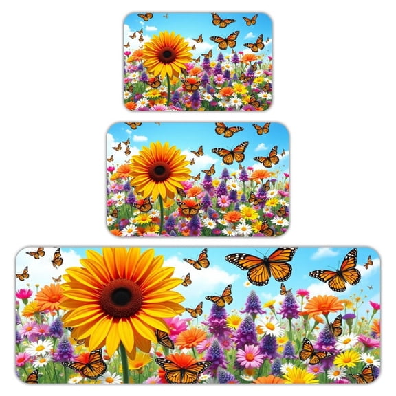 RKSupls Kitchen Rug Set 3 Piece Anti-Slip Flannel Floor Mats, Butterfly Sunflower Field Washable Absorbent Runner Mats for Kitchen Bathroom Home Decor