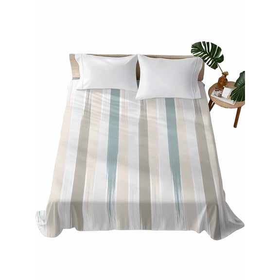 Teal Beige Brown Flat Sheets Only Queen Size, Soft Breathable Bed Top Sheets for Mattress, Modern Oil Painting Striped Abstract Art Luxury Bedding Flat Sheets for Home Hotel Bedroom Bed Protection