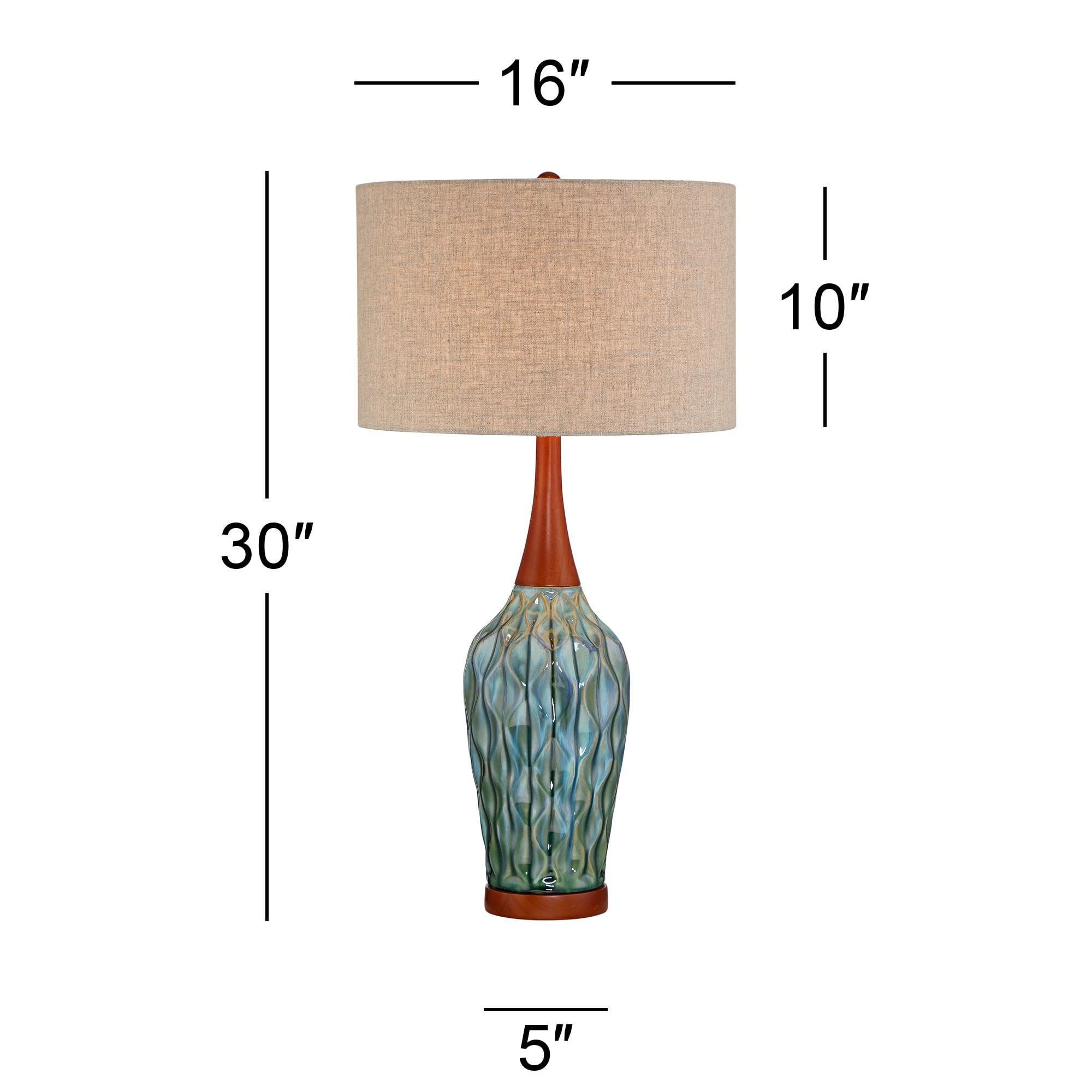 360 Lighting Rocco Modern Mid Century Table Lamp 30" Tall Blue Teal Glaze Ceramic with Table Top Dimmer Linen Fabric Drum for Bedroom Living Room Kids