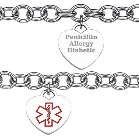 Personalized Kids' Stainless Steel Medical ID Engravable Heart Charm Bracelet, 6