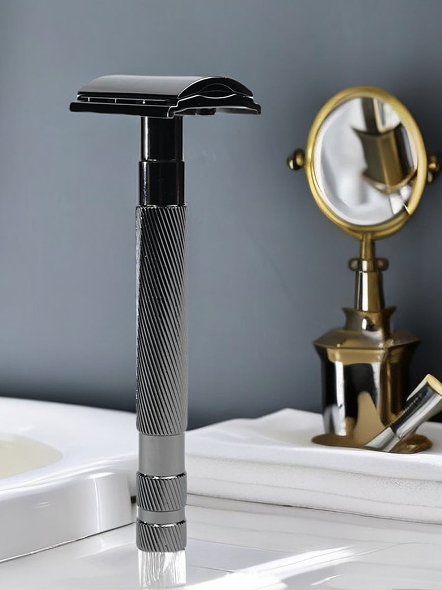 Waysh Classic Double Edge Safety Razor Gift Set for Men with Knurled Non-Slip Handle, Includes Stand & 20 Blades, Gunmetal Grey