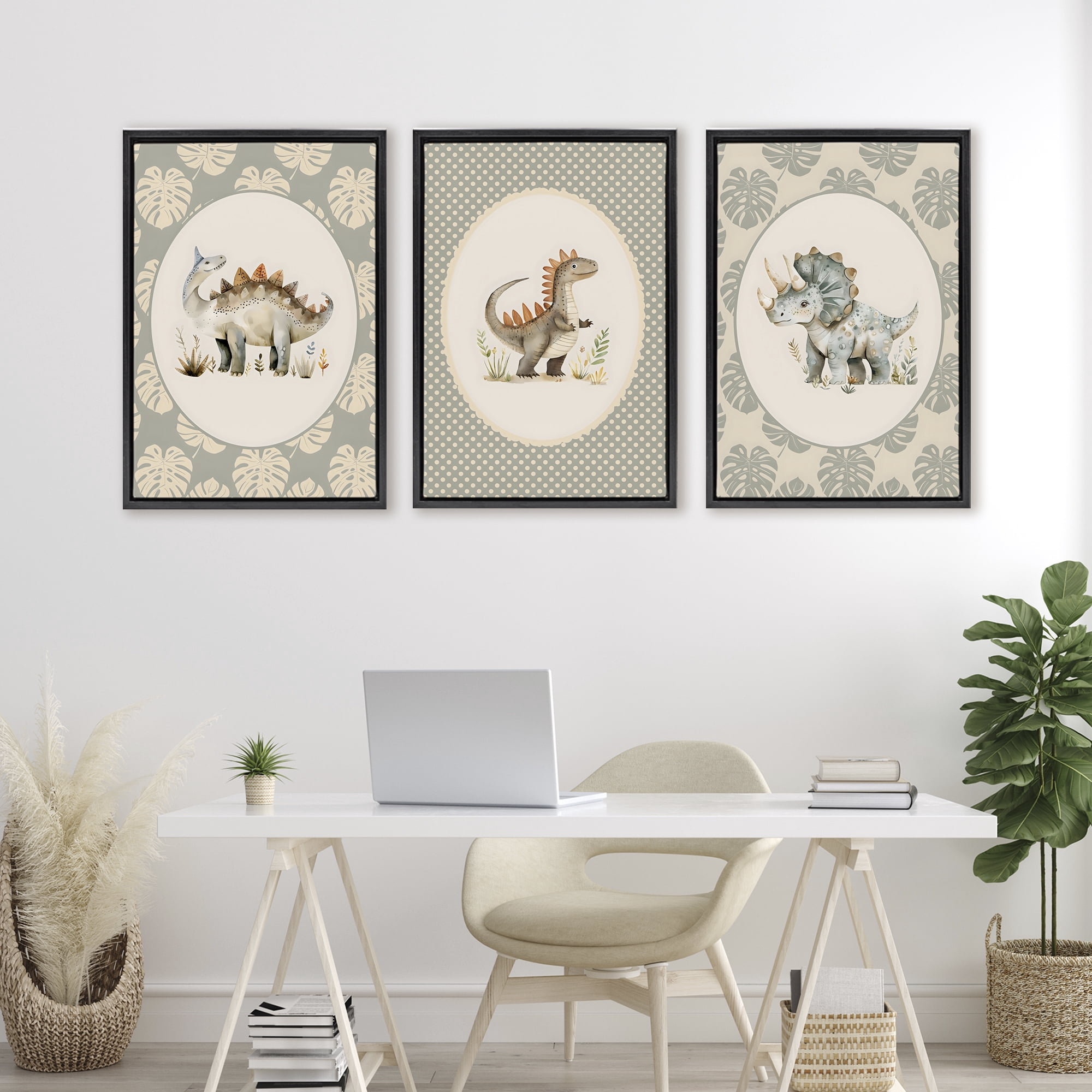 Stupell Industries Nursery Dinosaurs Tropical Border 3 Piece Black Framed Floater Canvas Set, design by LSR Design Studio