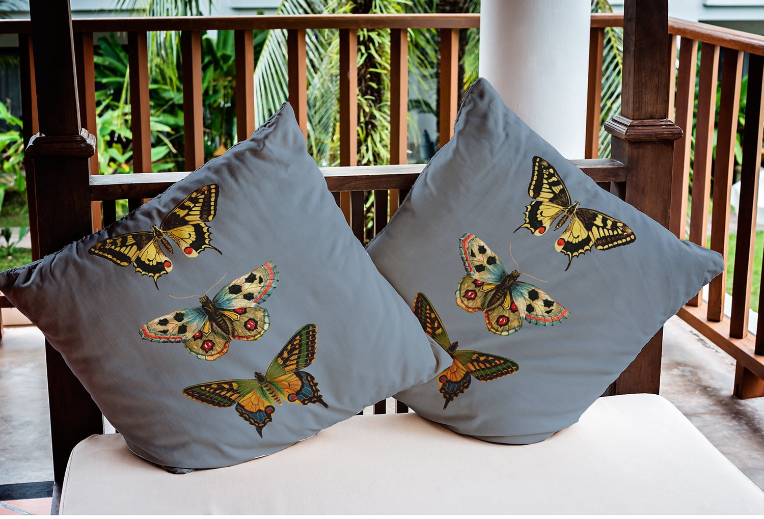 18" x 18" Simply Daisy Butterflies Indoor/Outdoor Pillow, Dusty Smoke Blue Qty 1