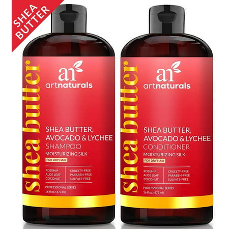 artnaturals Shea Butter Shampoo and Conditioner Set - (2 x 16 Fl Oz) - Moisturizing Silk - For Dry Damaged Hair - Avocado, Lychee, Rosehip, Aloe Vera and Coconut -