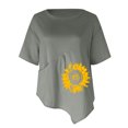 thumbnail image 4 of Chemises d'Été pour Femmes Col Rond Imprimé Coton Lin Haut Grande Taille Ourlet Irrégulier Blouse Décontractée Confortable à Manches Courtes, 4 of 4