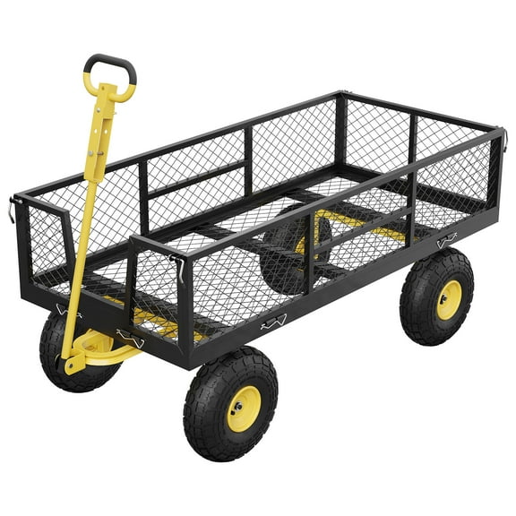 900 LBS Garden Cart on Wheels with Adjustable Handles, Heavy Duty Steel Garden Wagon with Removable Mesh Sides to Convert into Flatbed