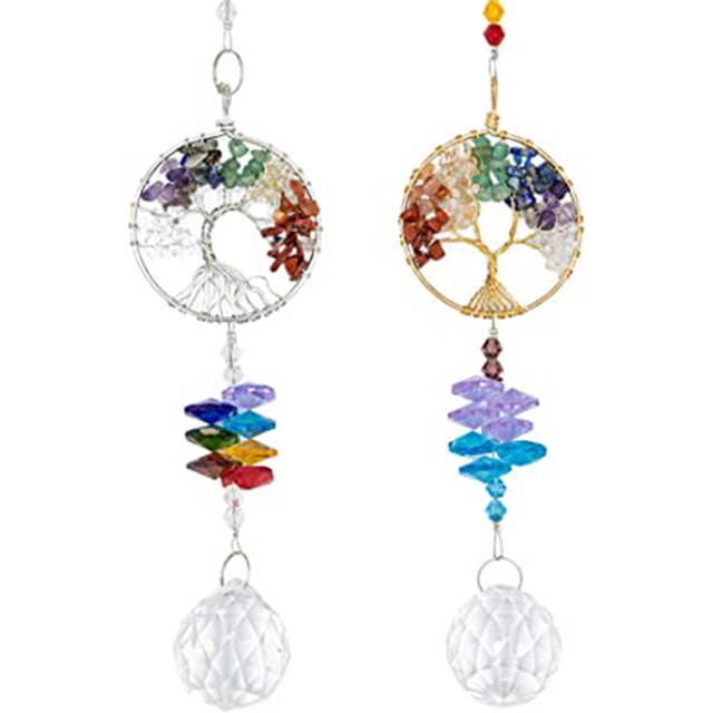 Paquete de 2 atrapasueños de cristal colgante, colgantes de cristal del árbol de la vida para ventana, jardín, decoración del hogar