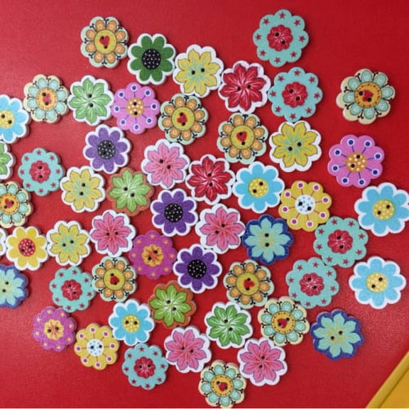 Zhaomeidaxi 100PCS DIY Octagonal Flower Floral Print  Buttons 2 Holes Flower Round Sewing Buttons Floral Patterns for DIY Sewing Process Decoration
