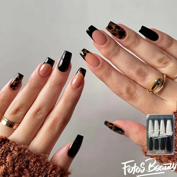 Fofosbeauty 24pcs Fake Nails Tips, Medium Press on French Nails, Short Coffin Black Jade French Art