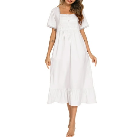 

Tomshoo Women Lounger Dress with Pockets Lace Ruffles Short Sleeved Loose Nightgowns Sleepwear
