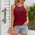 thumbnail image 3 of Top de mujer con cuello redondo, blusa sin mangas, camisa de busto fruncido, empalme de encaje, Top de color puro, rojo vino S, 3 of 8