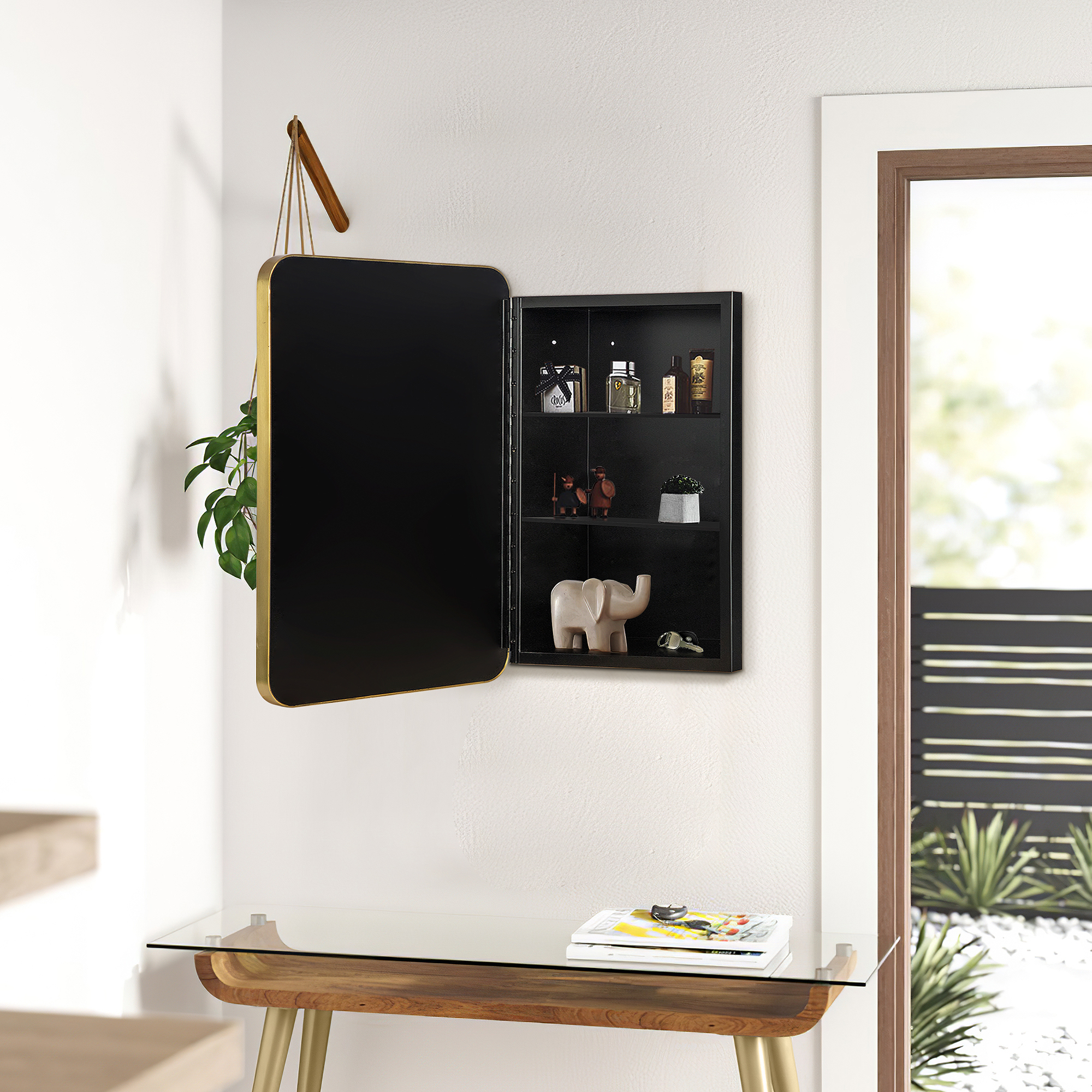 MAYEERTY 10"×7" Model B Gold Iron Rectangular Mirror Cabinet Rounded Corners, Chic Storage for Small Bathrooms