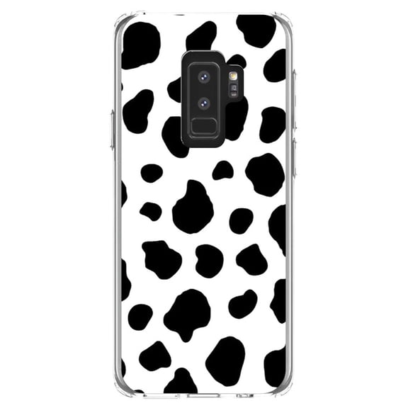 DistinctInk Clear Shockproof Hybrid Case for Samsung Galaxy S9  PLUS (6.2" Screen) - TPU Bumper, Acrylic Back, Tempered Glass Screen Protector - Black White Cow Dalmatian Spots - Animal Print