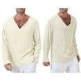 thumbnail image 3 of Sunloudy Men Long Sleeve T-Shirts Solid Color V-Neck Ethnic Style Tops Spring Fall Fashion Casual Loose Shirts, 3 of 6