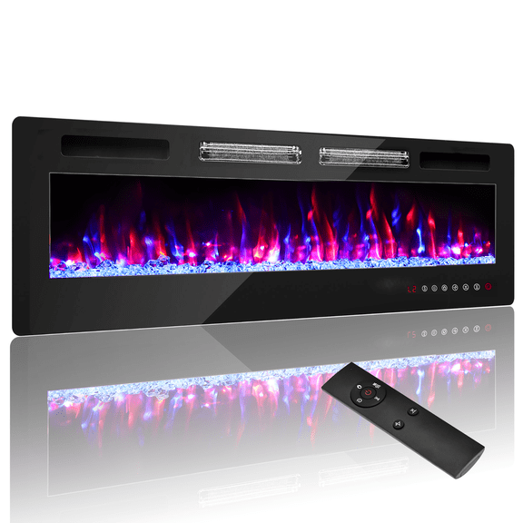 Open Box BREEZEHEAT 60 Electric Ultra Thin Fireplace, Wall Recessed and Wall Mounted Fireplace with Multicolor Flame,Timer,Low Noise,750/1500W,Remote Control