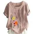 thumbnail image 2 of Oversized Tshirts for Women, Cotton Linen Crewneck Roll Up Floral Print Casual Blouse Top, Pink 5XL, 2 of 5