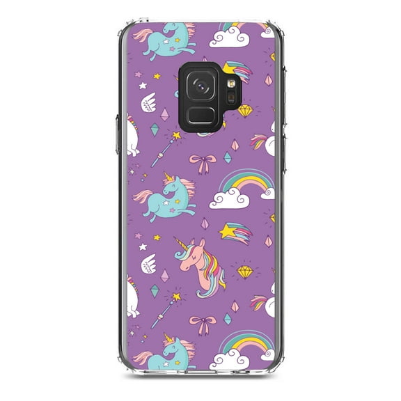 DistinctInk Clear Shockproof Hybrid Case for Samsung Galaxy S9 (5.8" Screen) - TPU Bumper, Acrylic Back, Tempered Glass Screen Protector - Unicorn Rainbow Wand Pattern - Purple