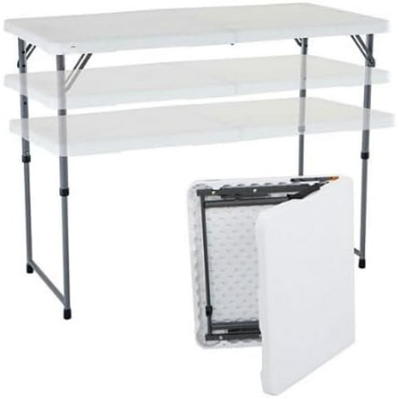 4' Adjustable Height Folding Table, 22-36 in, Powder-Coated Steel Frame, Plastic Top, Adjustable Fold-in-Half Table - White Granite