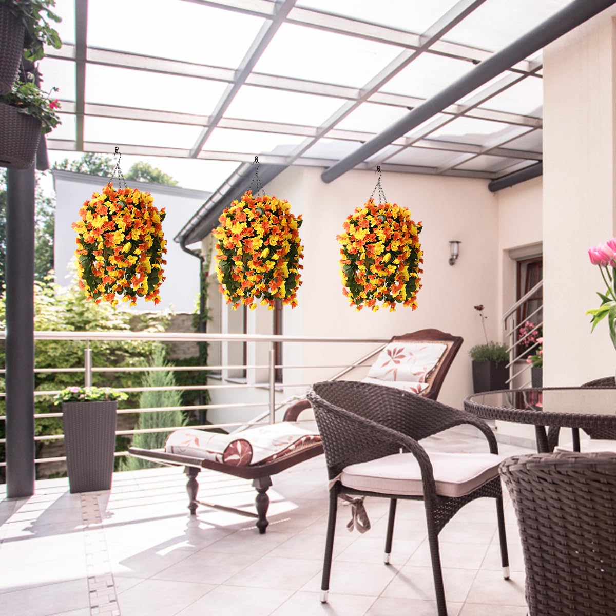 Artificial Hanging Flowers Basket for Outdoors Spring Decoration,Faux Silk Begonia in Planter UV Resistant