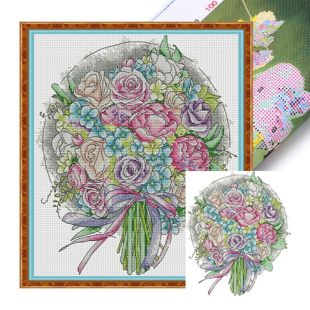 Kit Punto Cruz Con Ramo Rosas Hilo Algodón Ecológico Bordado 14CT Color Morado