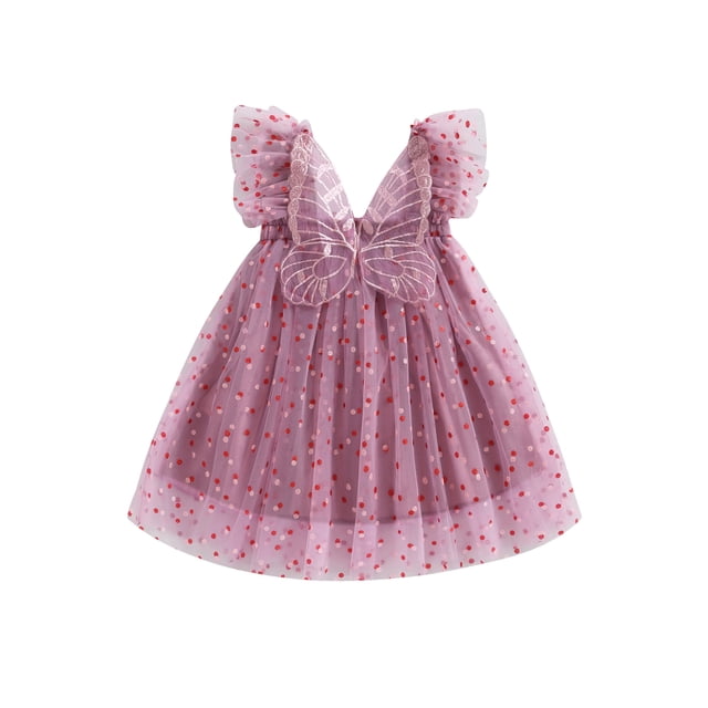 xiaxaixu Robe d'Été Décontractée pour Filles Tout-Petits Manches Courtes Imprimé à Pois Papillon Décor Tulle Robe