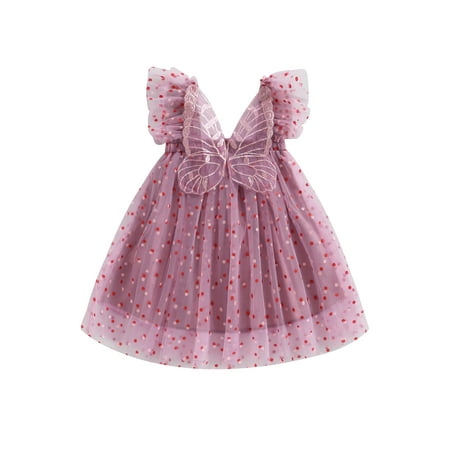 

Sunisery Toddler Kids Girls Dress Summer Casual Dress Short Sleeve Dot Print Butterfly Decor Tulle Dress Red 6-9 Months