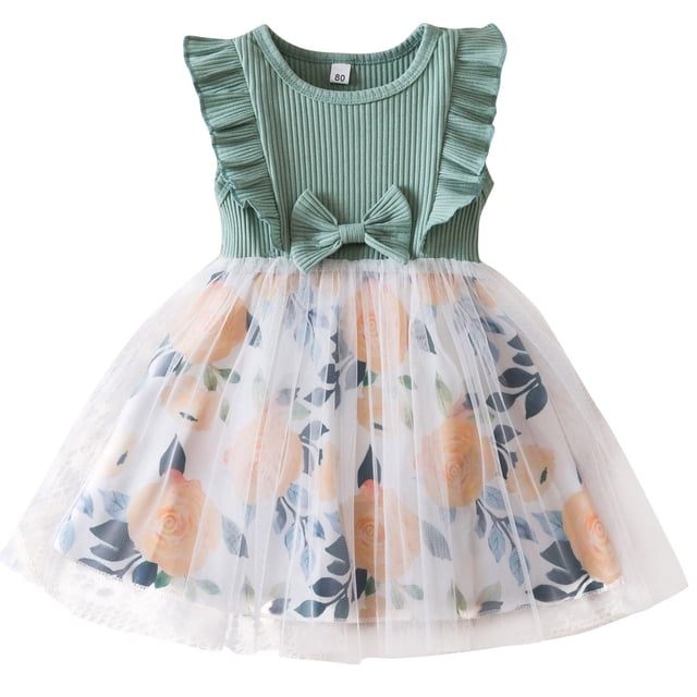 Robe d'Été pour Filles, Robe de Princesse en Coton à Manches Courtes avec Imprimé Floral pour Occasions Spéciales