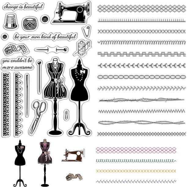 2 hojas de sellos de goma transparentes para hilos de coser, sellos de silicona transparentes vintage para ropa, sellos retro