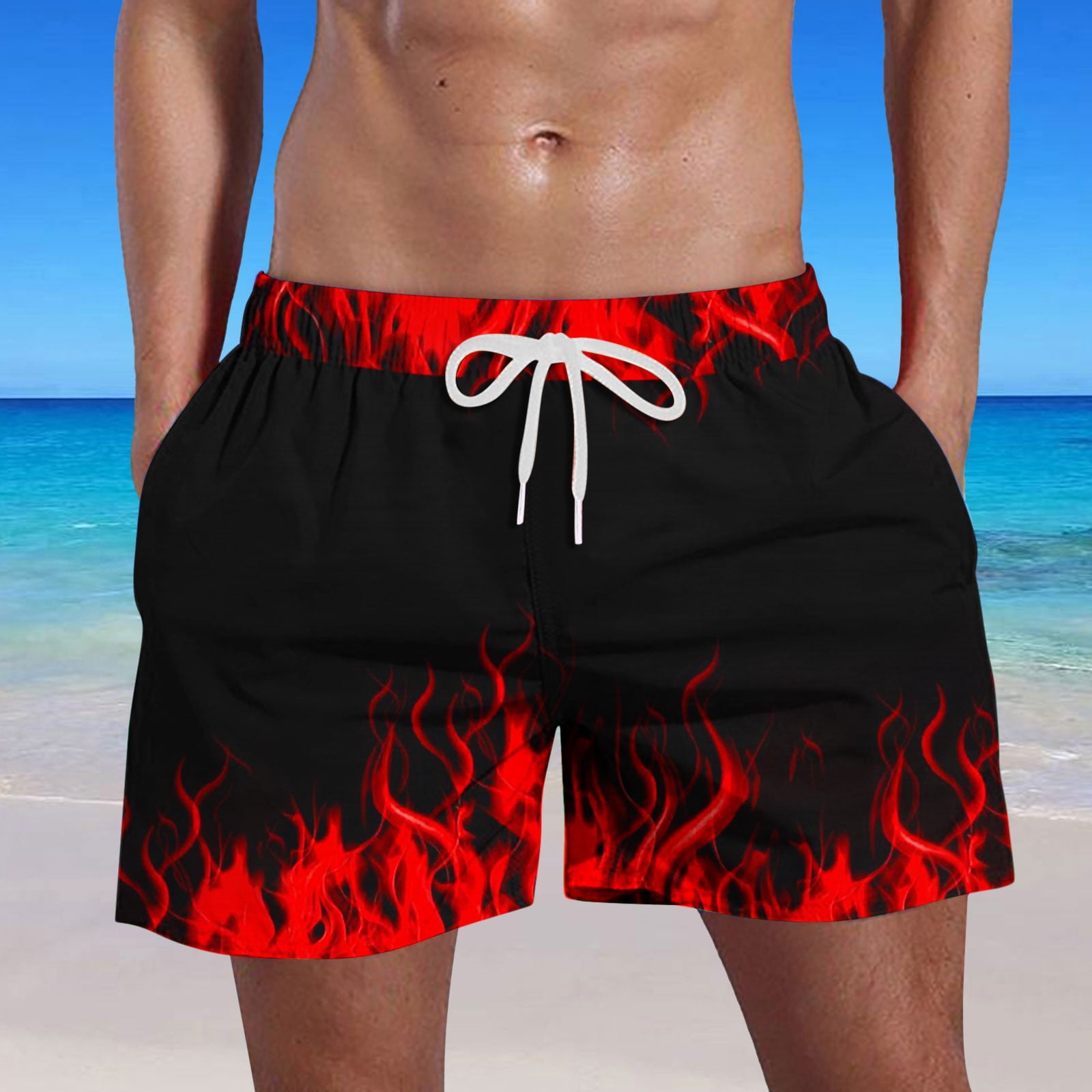 Styesk Mens Shorts Men's Flame Printing Special Print Beach Casual