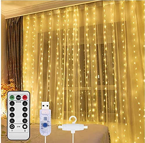 Curtain Fairy Lights,200 Leds Christmas Fairy String Lights Waterproof Warm White 3m x 3m Window Curtain String Lights 8 Modes Remote Control String Lights for Indoor Outdoor Wedding Christmas Bedroom