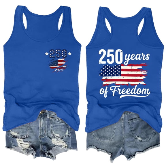 Sewkxo 4th of July Independence Day Tank Tops Women 250 Anniversary USA Patriotic Round Neck American Flag Print Tank Top,Blue L