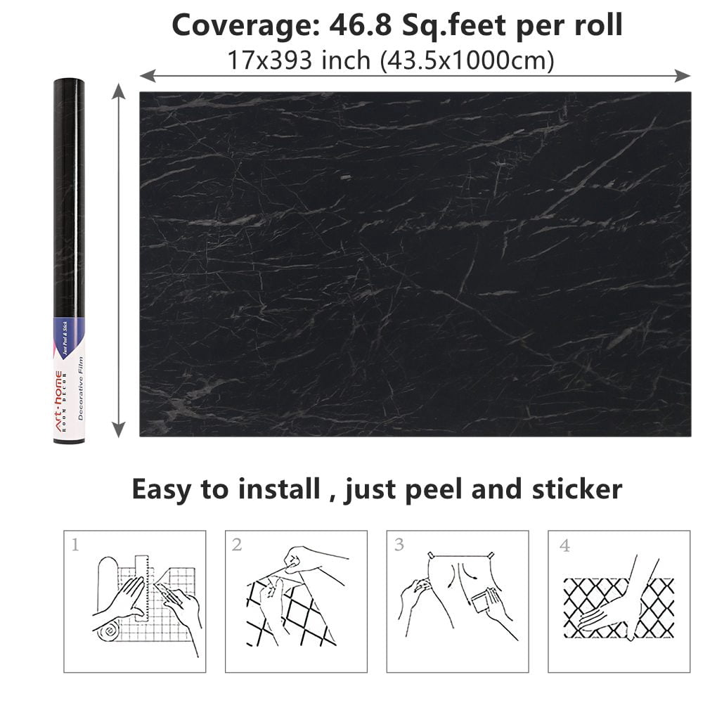 Arthome Peel and Stick Wallpaper, Marble Contact Paper, Self Adhesive, Easy to Clean, Vinyl Film for Furniture Countertop, Distressed Plank Grain Vintage Wall Covering (Black Marble, 17x393 Inches)