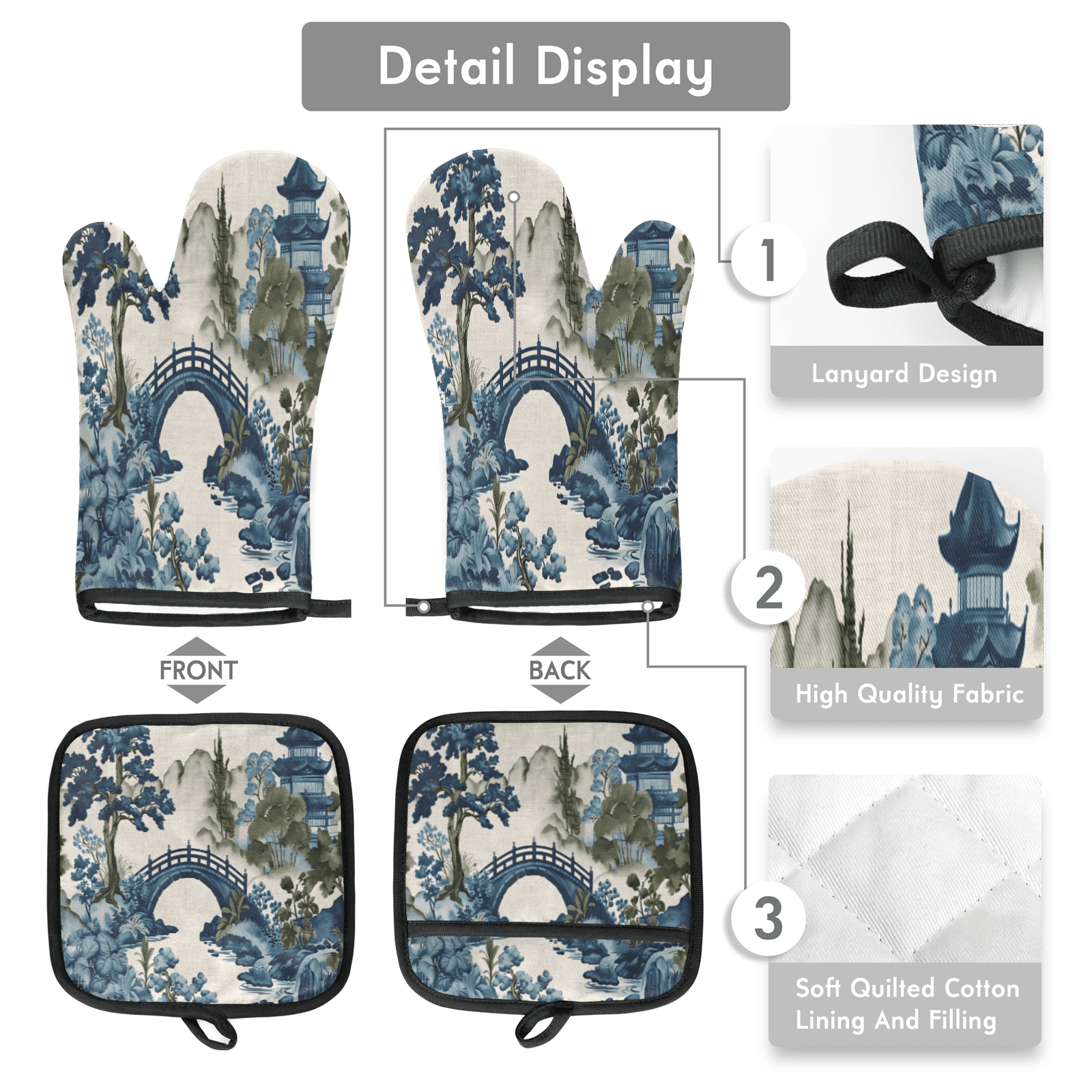 CURLYOOT Japanese Style Bridge Oven Mitts and Pot Holders Sets of 2, Non-Slip Washable Hot Pads and Oven Gloves for Kitchen Cooking Baking