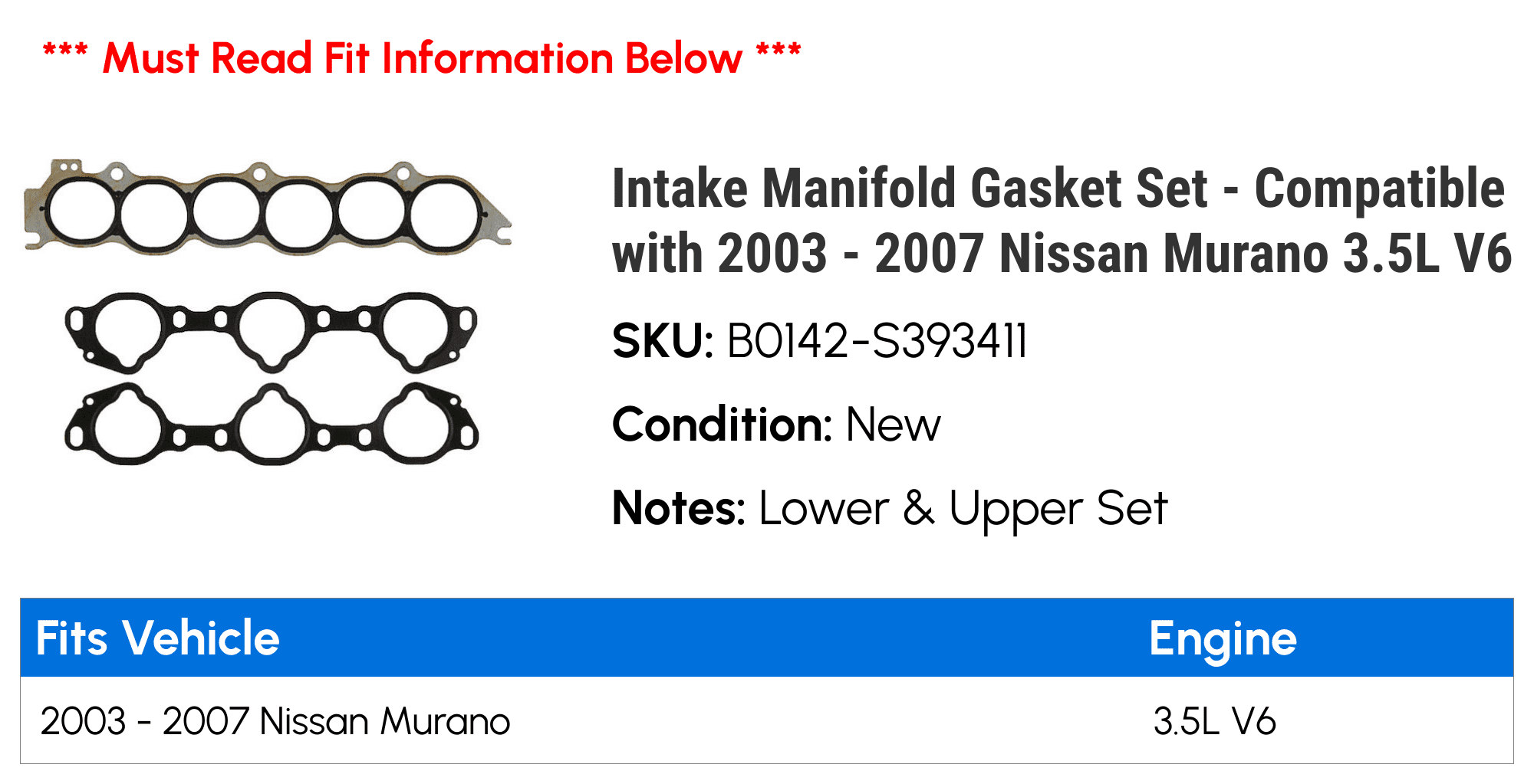 Intake Manifold Gasket Set - Compatible with 2003 - 2007 Nissan Murano 3.5L V6 2004 2005 2006