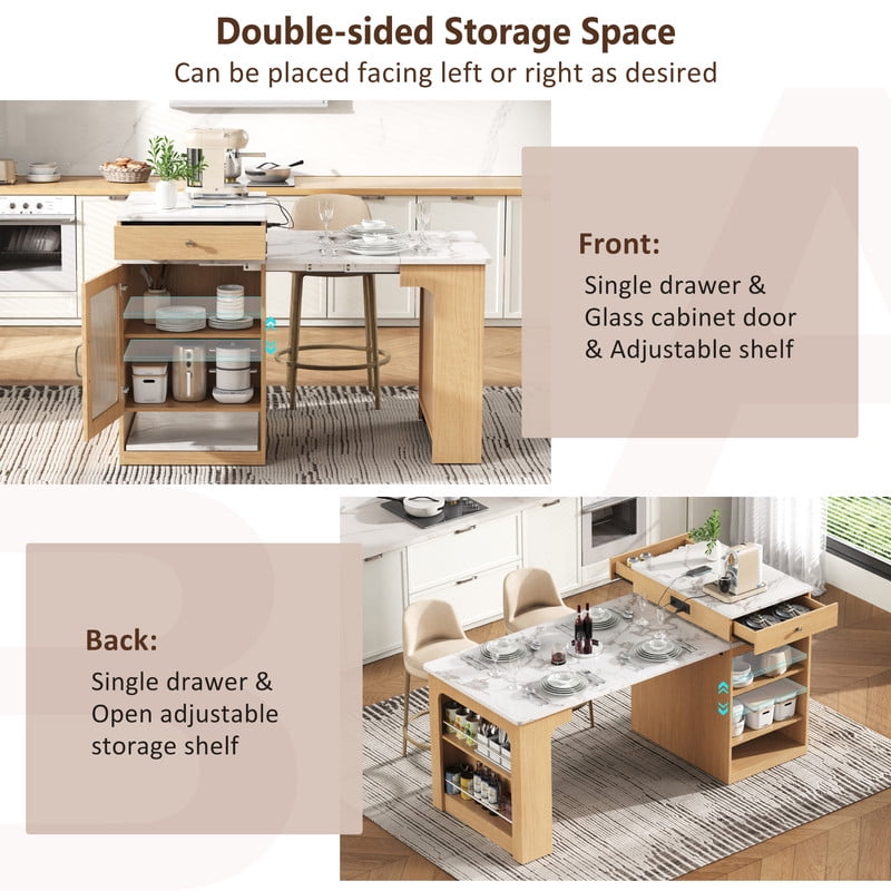 Bellemave 60" Kitchen Island with Extendable Dining Table and Power Outlet, Mobile Kitchen Storage Islands with 2 Storage Drawers, Rolling Islands Cart with Extra Rows Open Shelves（Natural)