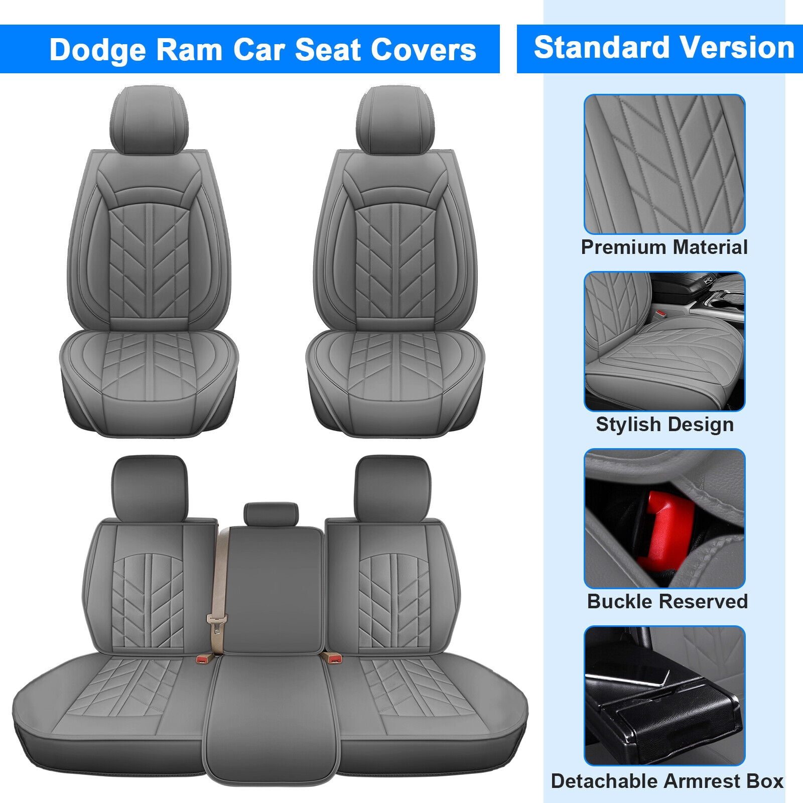 FANOTEK Gray, PU Leather, Cushioned, Front Rear Seat Covers