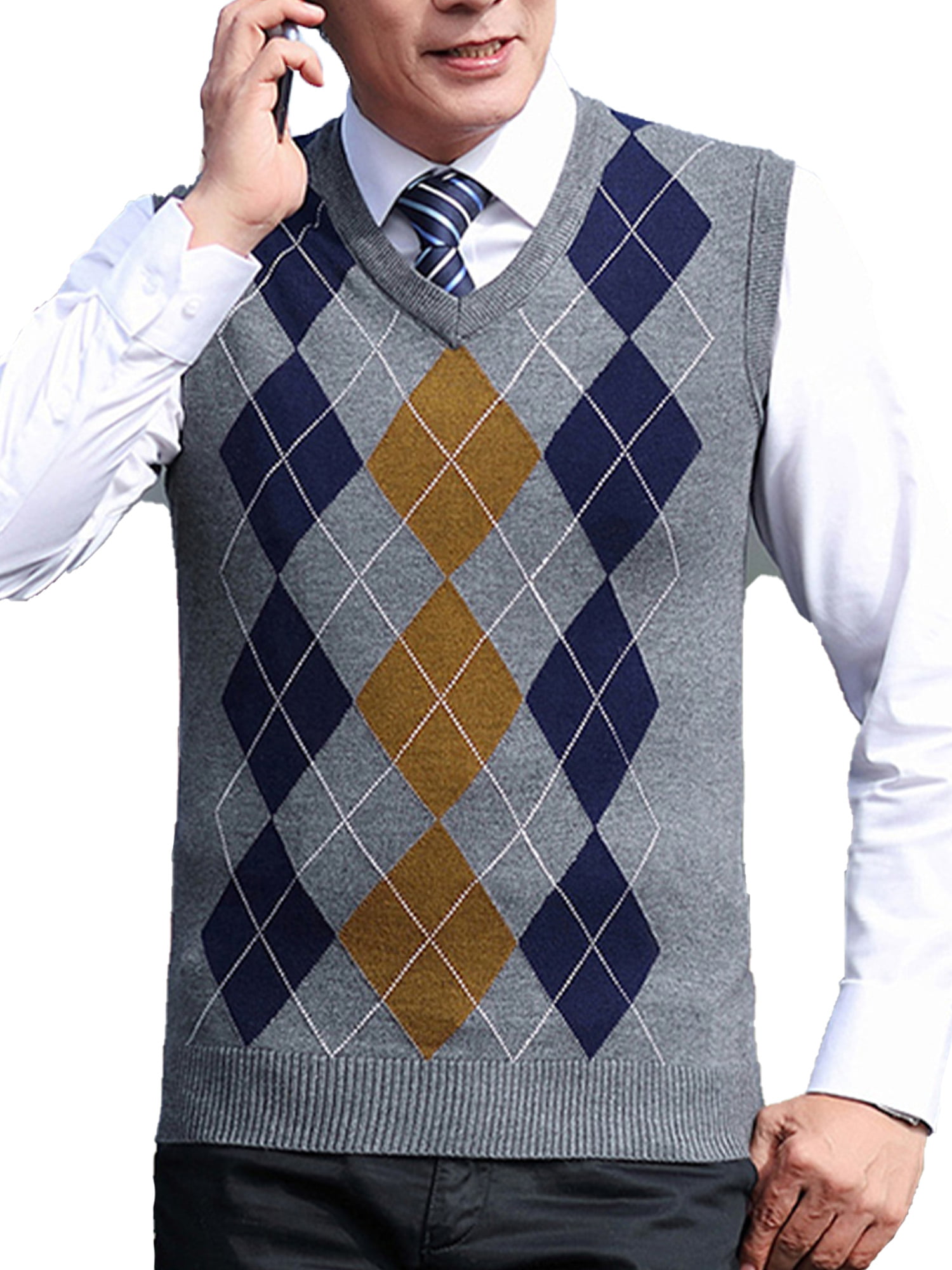 Mens V-Neck Argyle Pattern Sweater Vest Cardigan Knitted Waistcoat