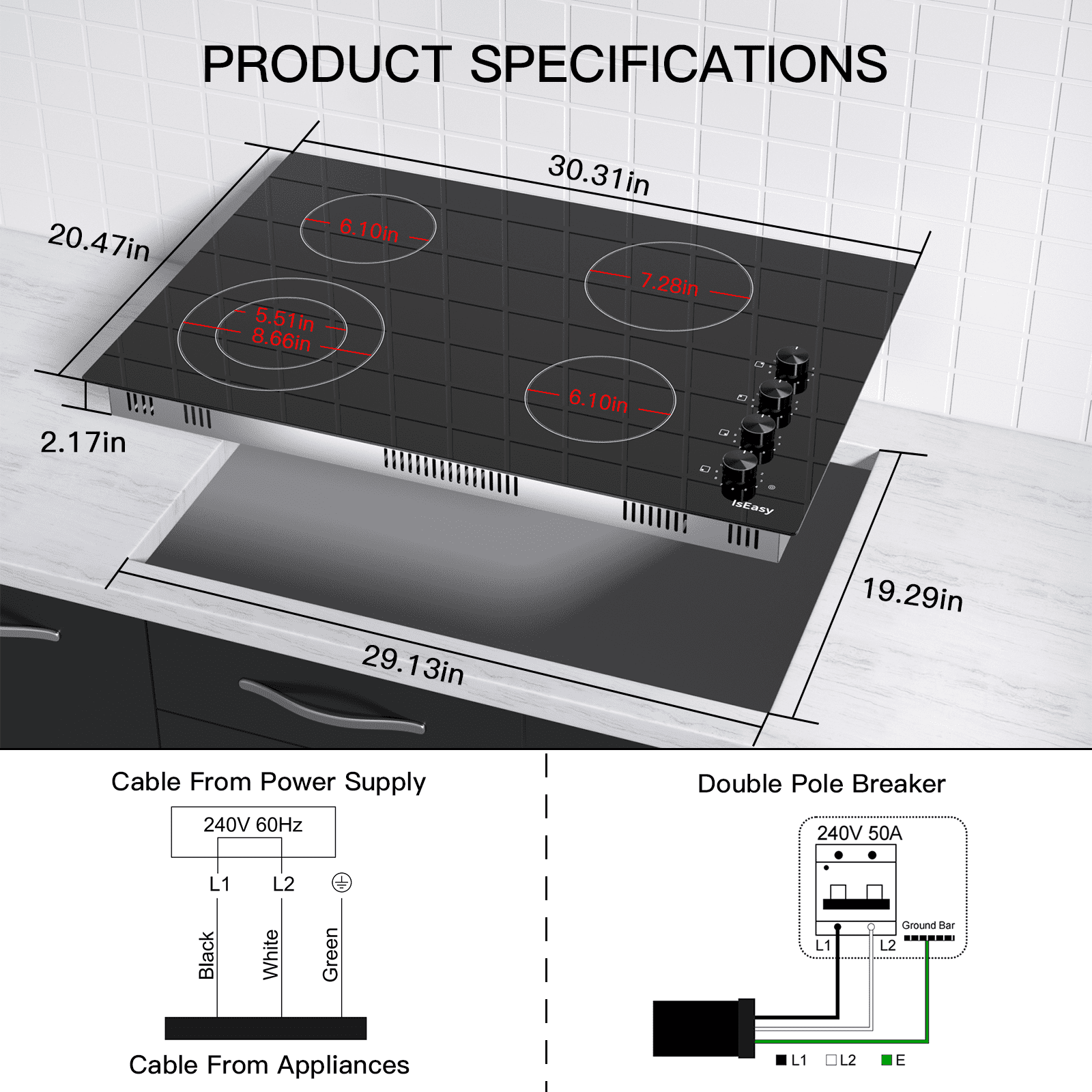 30 in. 4 Elements Ceramic Glass Surface Radiant Electric Cooktop in Black with Knobs and Dual Element