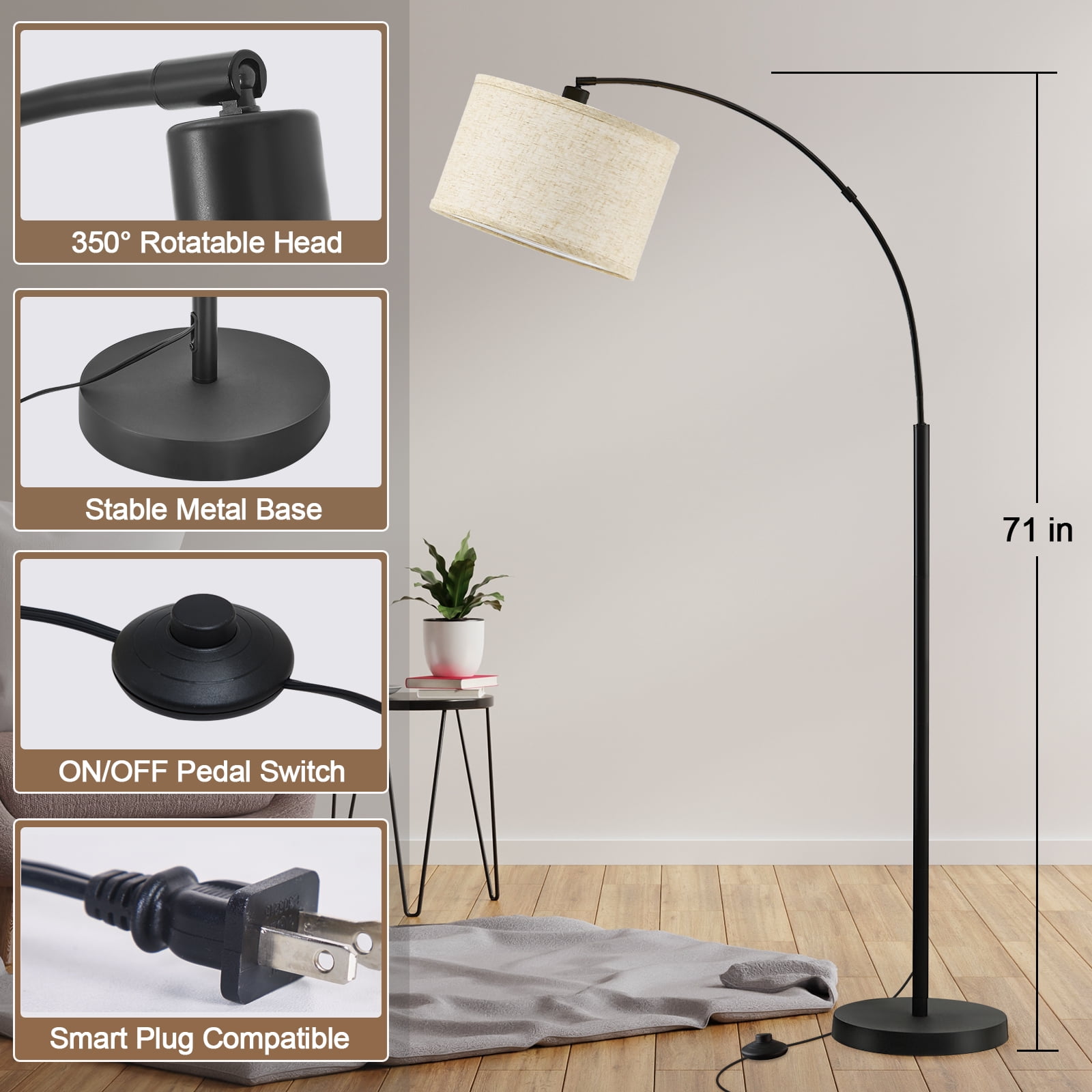 NATYSWAN 71" Arc Floor Lamp with Adjustable Head, Foot Switch & 3 Color Temperatures, Standing Reading Light for Living Room Bedroom Office
