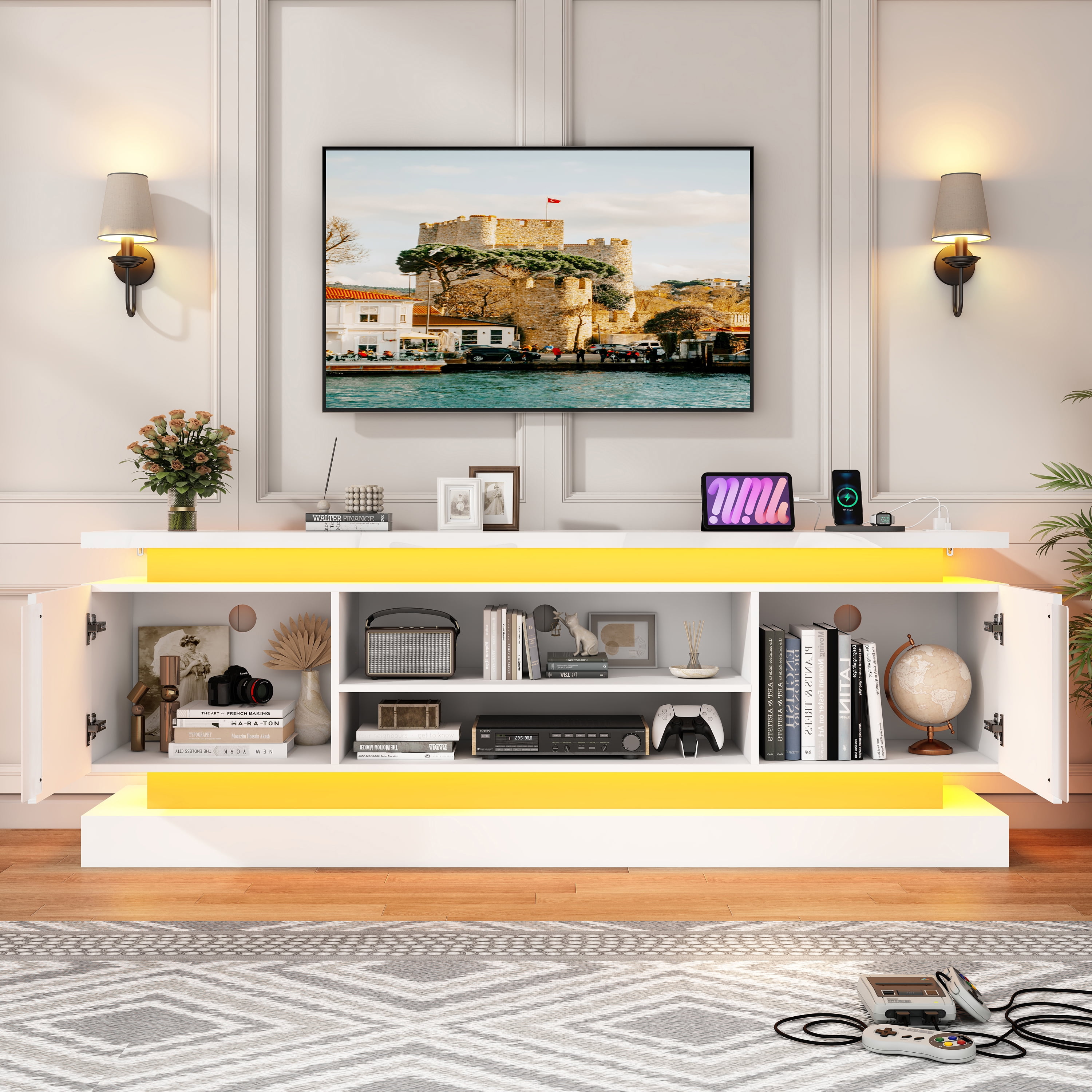 ChVans 71" LED TV Stand for TVs up to 85" with Power Outlets, High Gloss Surface, 2 Storage Cabinet, Modern Style, TV Media Console with Storage, White