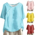 thumbnail image 6 of Lovskoo Linen Summer Tops for Women 2024 Round Neck Short Sleeve Solid Color Casual Linen Knot Button Top Pink, 6 of 6